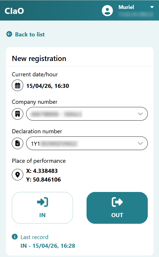 Registration form with all fields completed, showing active IN and OUT buttons for submitting the registration.