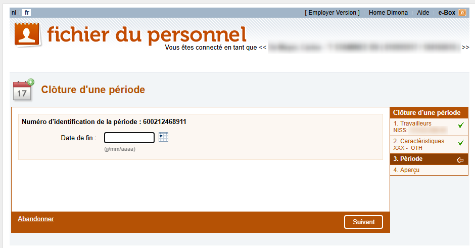 Workforce Register (Fichier du personnel) - Ending a working period  Screenshot enabling ending a working period by filling out an end date.