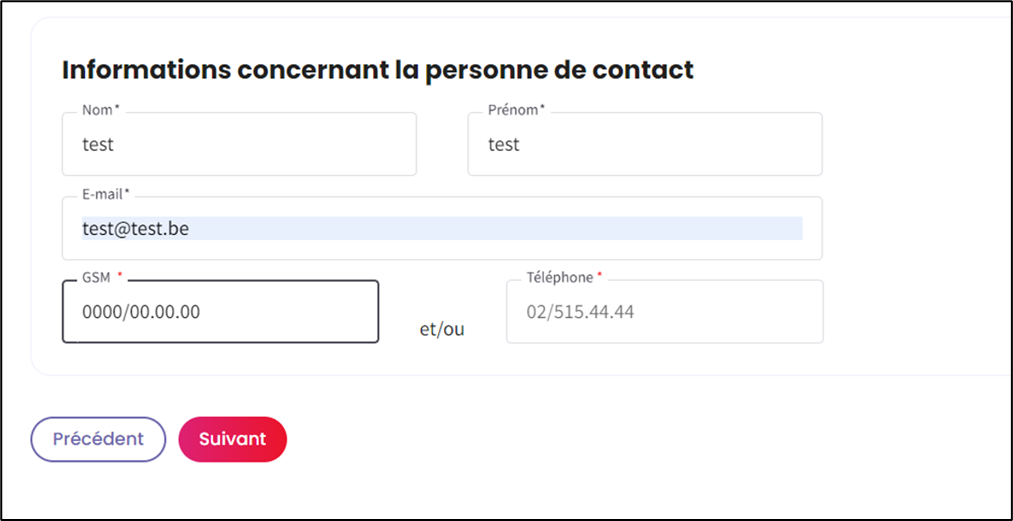 Screenshot to fill in information about the contact person. Fill in name, e-mail, phone numbers.  At the bottom of the page you can return to the previous page clicking the left button and you can switch to the next page clicking the right button, which is marked red.