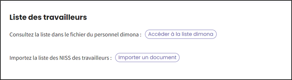 Screenshot of list of employees.  One button to import dimona list. One button to import a document.