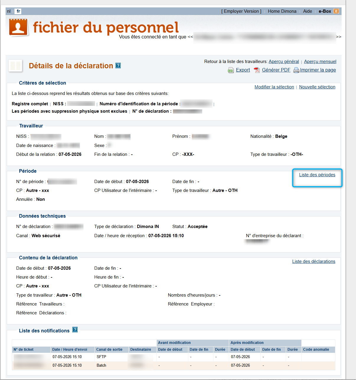 Workforce Register (Fichier du personnel) - Declaration details - List of periods  Screenshot containing a list of periods of work for a particular employee, with a focus on the link List of Periods (Liste de périodes).