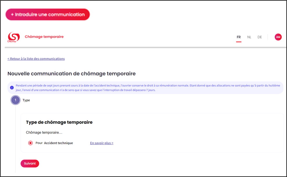 Screenshot to submit a new communication. Submit button at the very top on the lelft side.  Chosen type of unemployment her is for technical accident. Red button to go to next page.