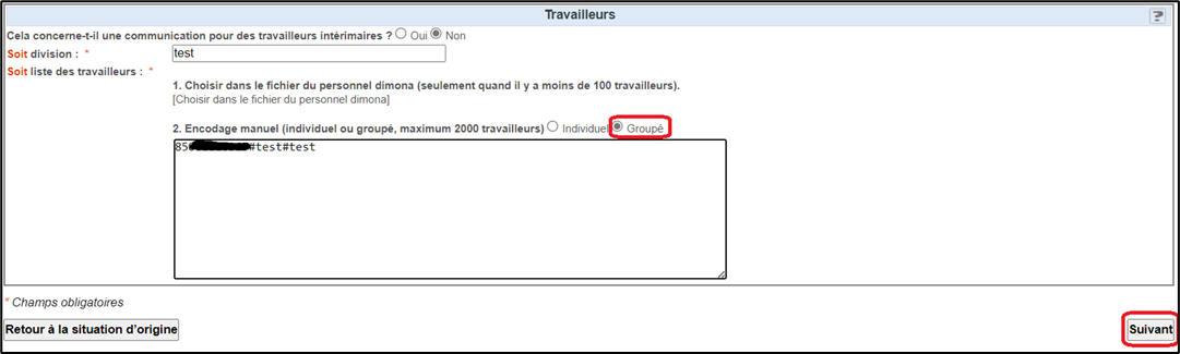 Screenshot of the page for employees. The button for choosing a group is marked in red in the middle. The bottom to switch to next page is at the bottom right.