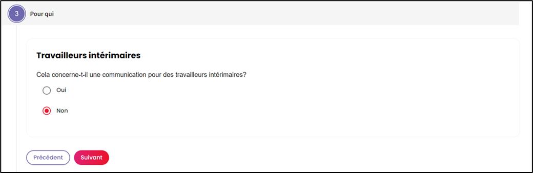 Screenshot to choose if it's an employment agency that submits the communication. Here, it's not, marked in red. Buttons to go to previous and next page at the bottom.