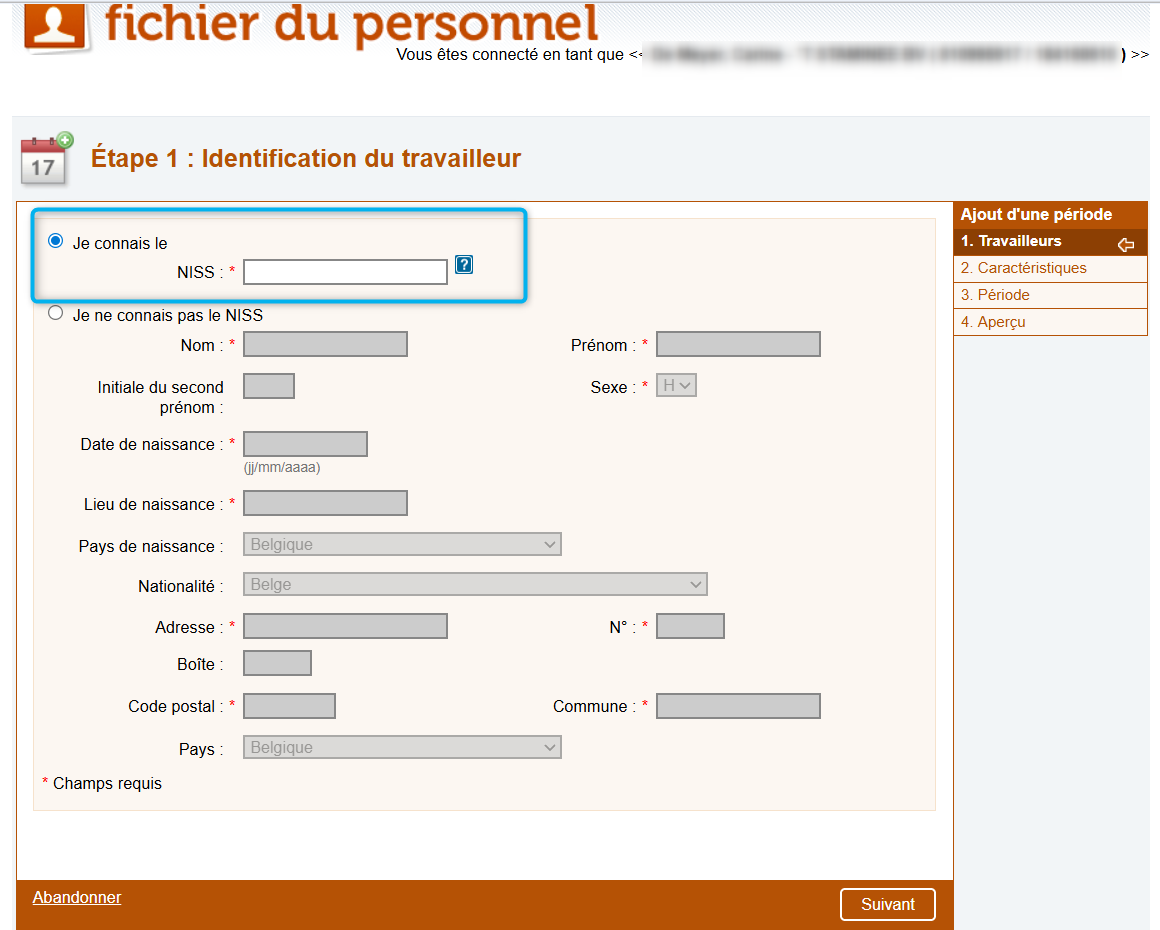 Workforce Register (Fichier du personnel) - Identifying an employee - SSIN known  Screenshot highlighting the identification of the employee by the employer, by means of the SSIN. 