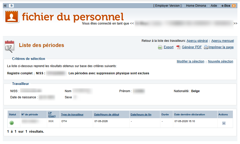 Workforce Register (Fichier du personnel) - List of periods  Screenshot showing all periods of work for an employee.