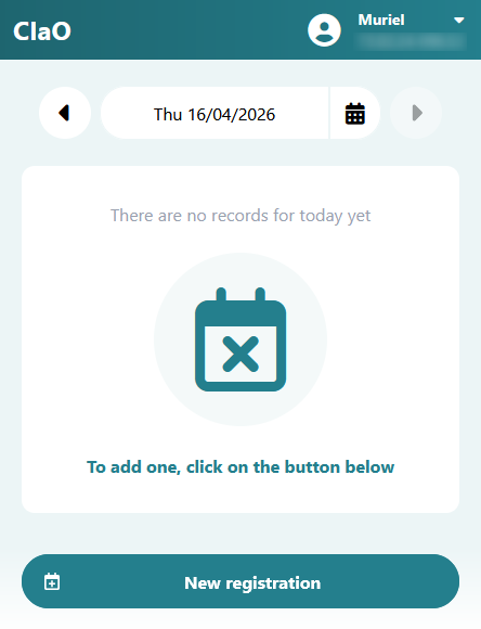 CIaO home page showing the logged‑in worker’s name at the top, followed by the current date and an empty list of registrations with the message “There are no records for today yet”. The “New registration” button is displayed at the bottom of the screen.