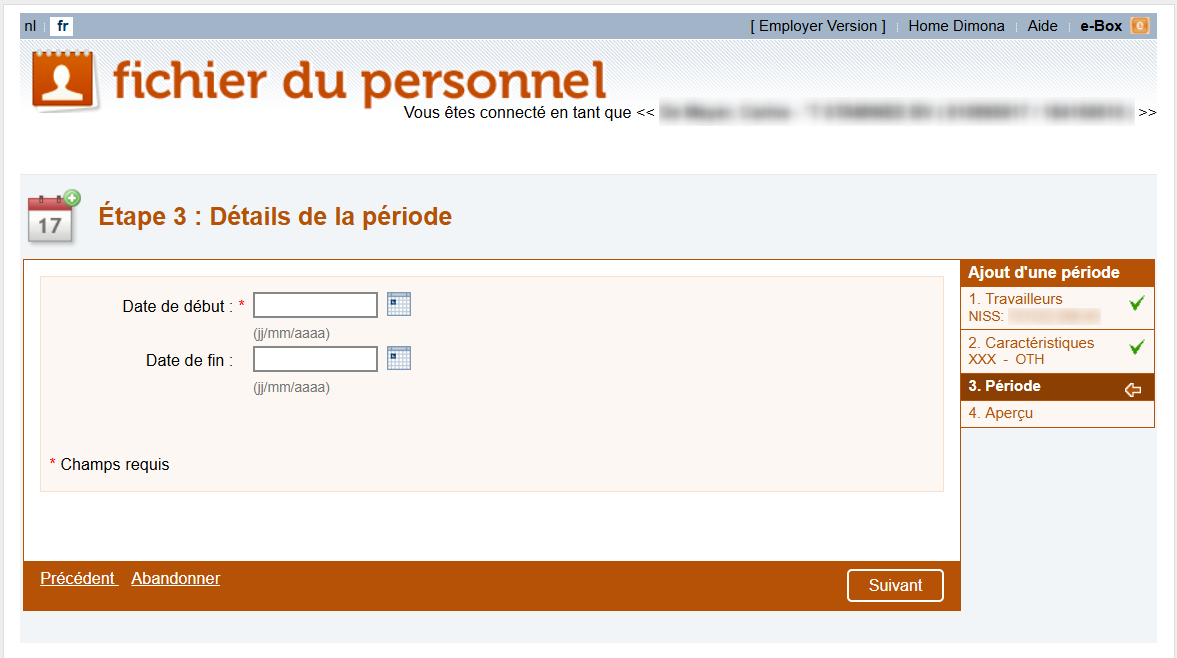 Workforce Register (Fichier du personnel) - Details of the working period  Screenshot highlighting the field Starting Date (Date de début) & Ending date (Date de fin) to be filled out.