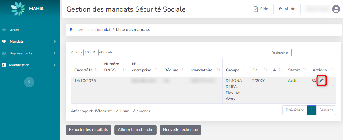 Screenshot for managing mandates. Icon to modify a mandate without end term.